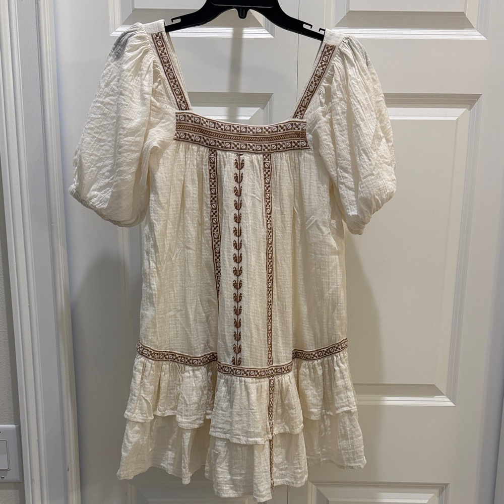 Boho Cream Dress with Brown Embroidery